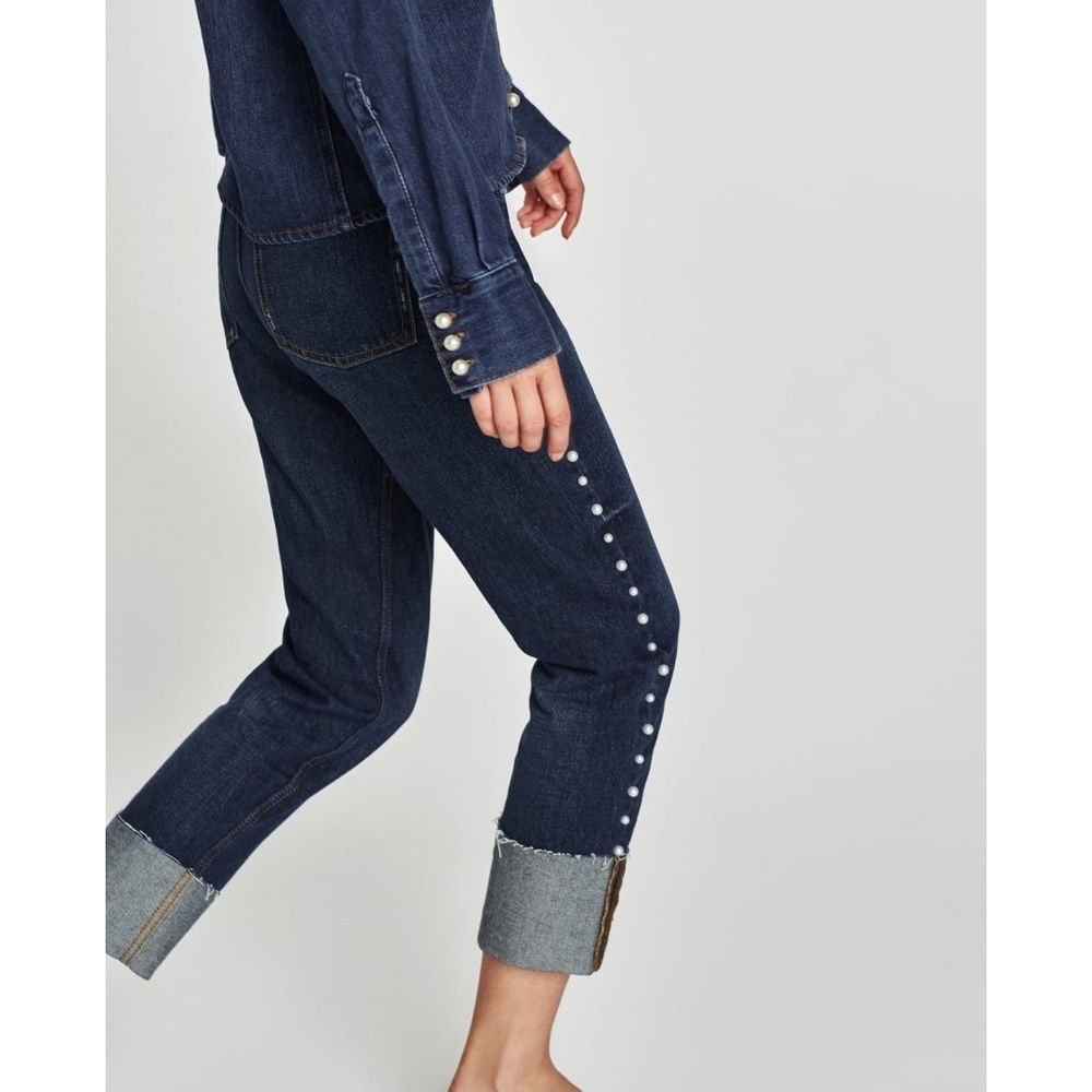 New Zara Pearl Side Strip Dark Blue Jeans 36 - Picture 3 of 8